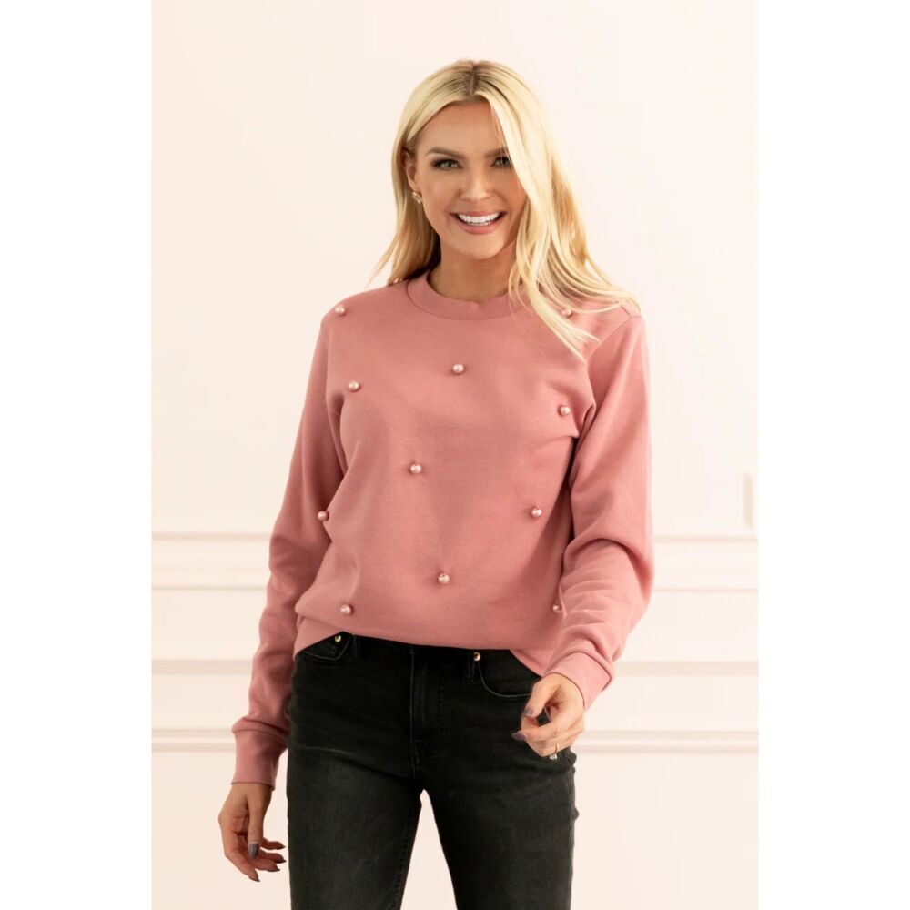 RACHEL PARCELL Pink Bead Embellished Crew Neck Pullover Sweatshirt Sweater Small